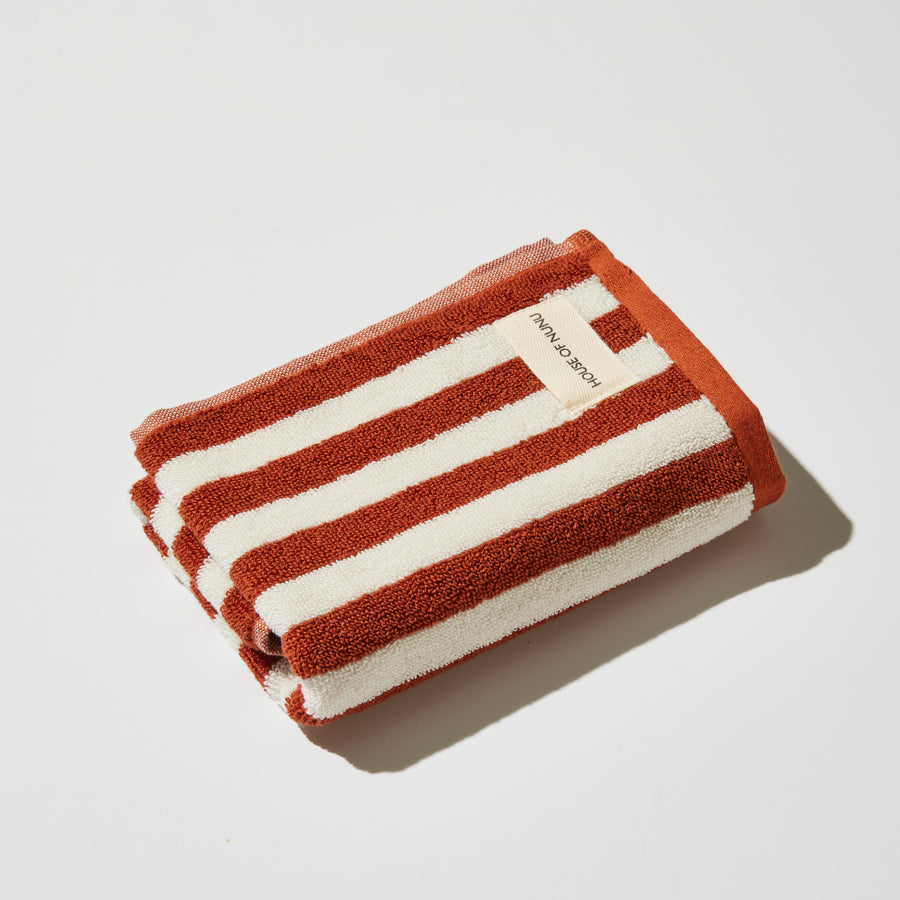 BATH + HAND TOWEL SET OF 4 IN RED OCHRE STRIPE