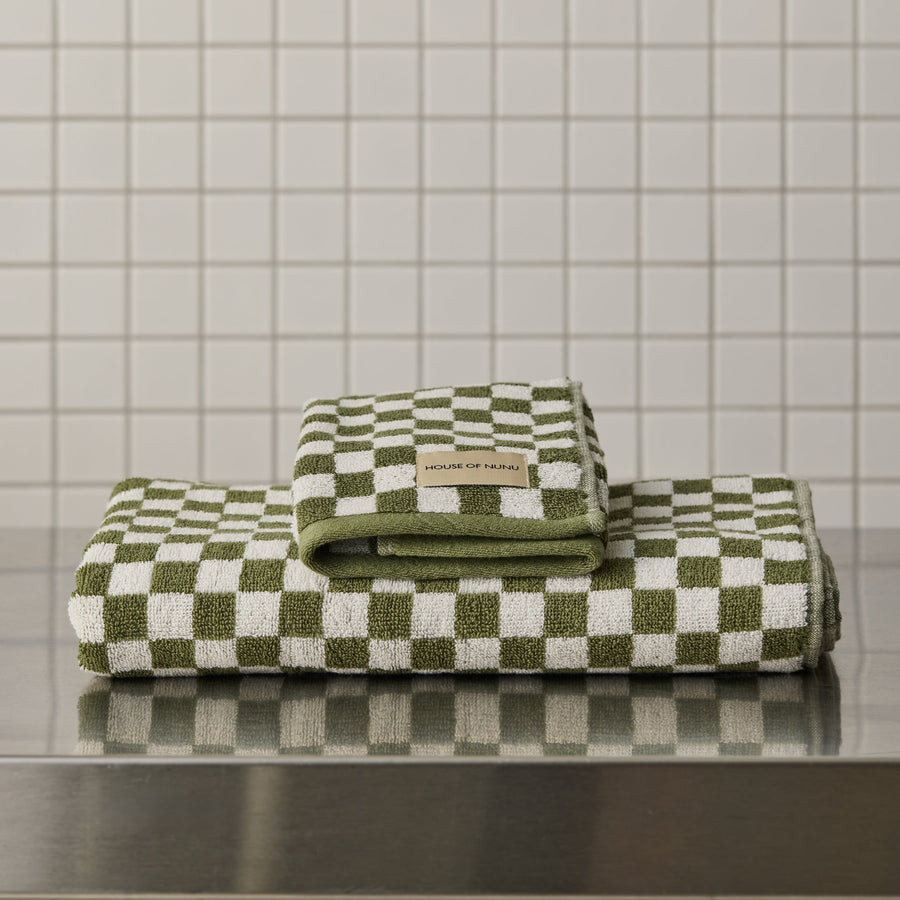 BATH + HAND TOWEL SET OF 4 IN OLIVE GREEN CHECK